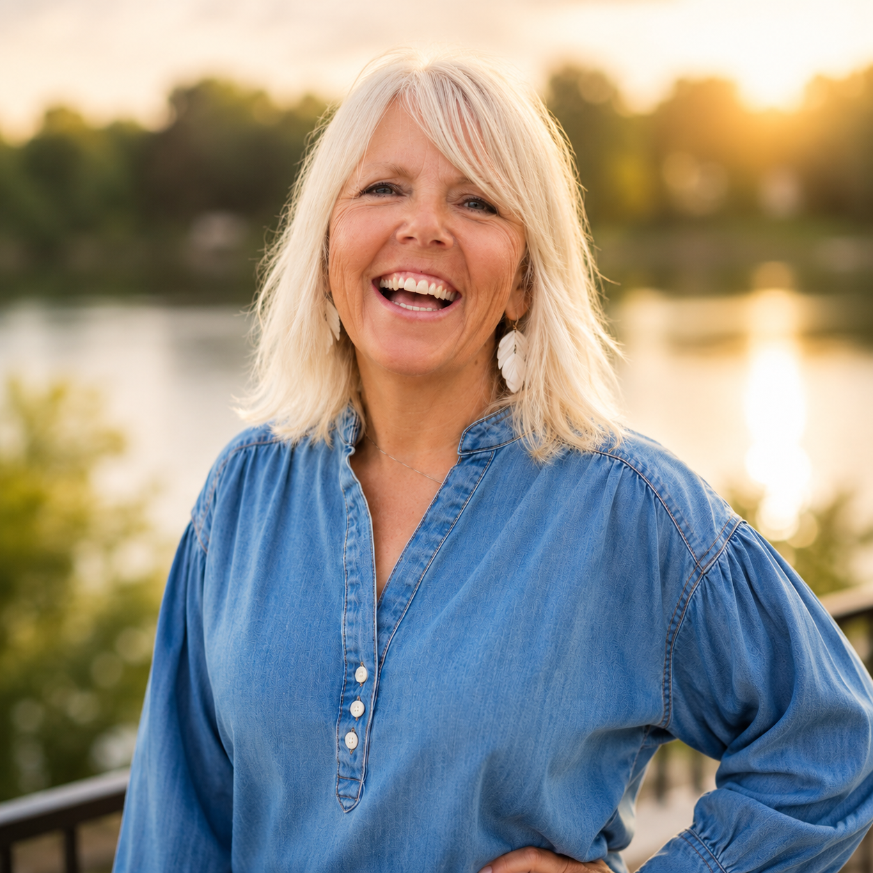Christy Ojile smiling with a lake in the background. Online mentoring and coaching for tired, overwhelmed moms.