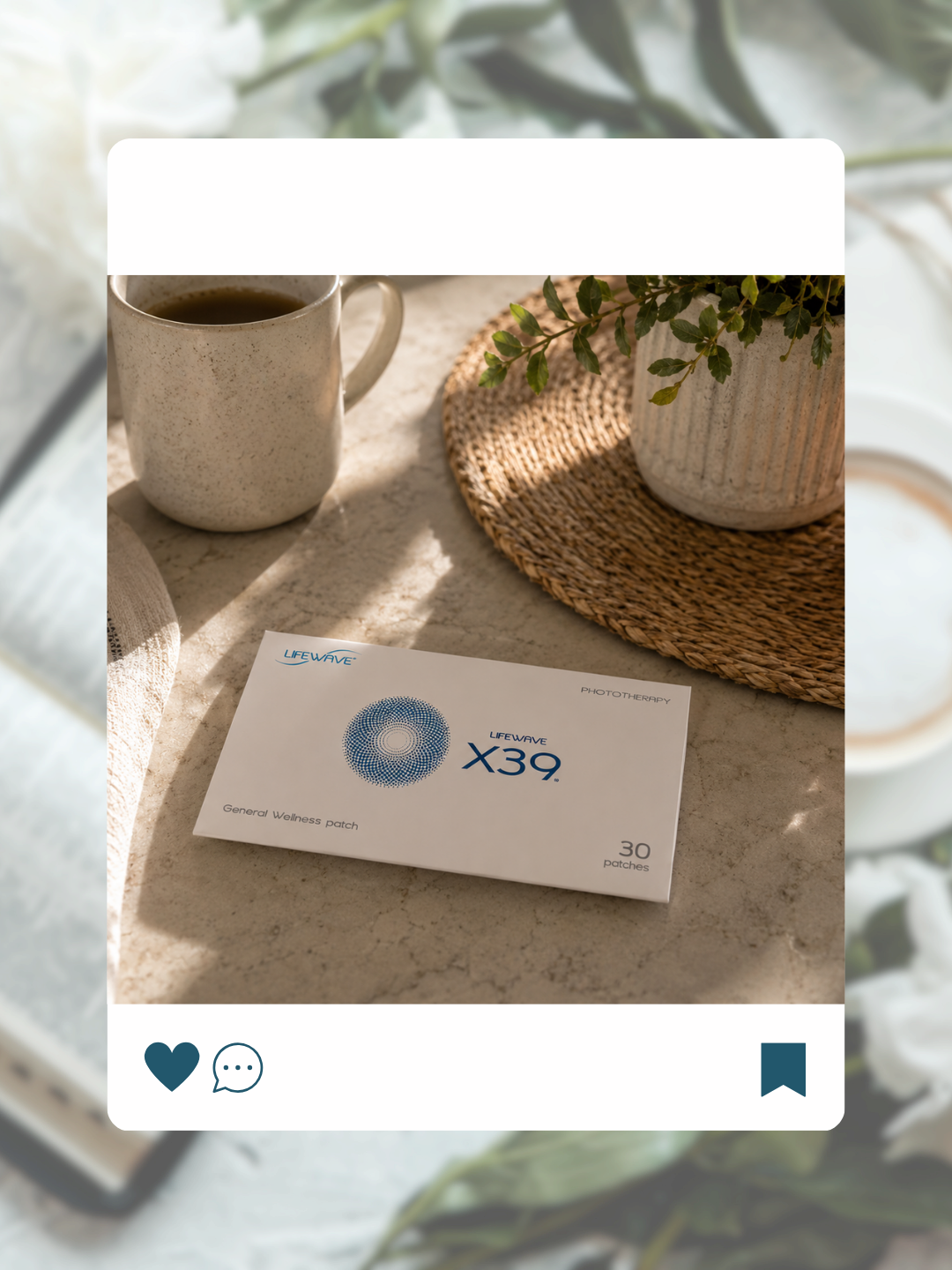 x39 LifeWave Patch is laying on the counter beside a mug of coffee and small plant.